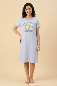 Zivame Farm Lore Knit Cotton Knee Length Nightdress - Xenon Blue — thumbnail 1